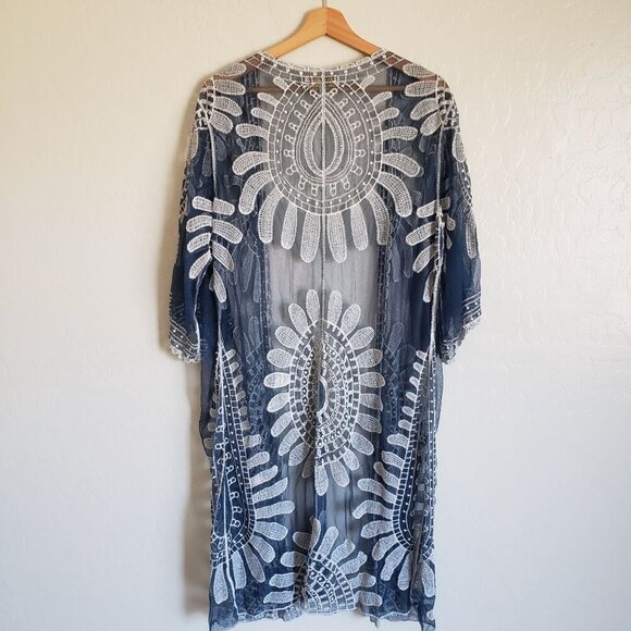 Rebellion Again Mesh Crochet Lace Open Kimono Cover Up Blue Size L Beachy Boho - Picture 6 of 11